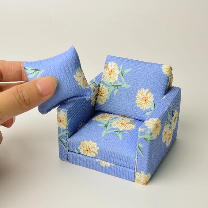 Funky Mini Home Miniature Dollhouse Cordurey Armchair with Pillow - 1:12 Scale Blue Floral Furniture Set Dollhouse Decor Accessories & Perfect Birthday (Blue)
