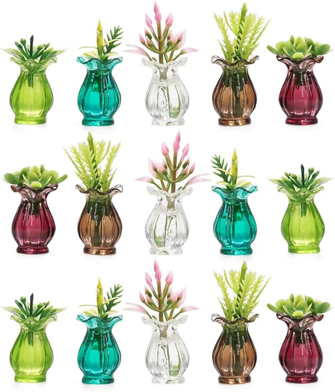 Odoria 1/12 Miniature Flower in Vase Dollhouse Decoration Accessories, 15Pcs