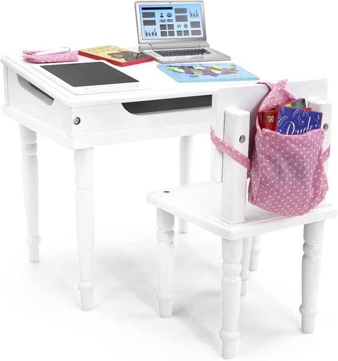 Playtime by Eimmie 18 Inch Doll Furniture School Desk & Classroom Set – White, Wooden Playset with Educational Accessories, Fits American, Generation, My Life & Similar 14”-18” Dolls