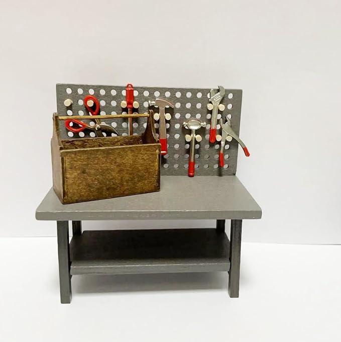 1:12 Dollhouse Miniature Tool Workbench with Accessories Miniature Dollhouse Garage Garden Furniture (Darkgreyworkbench)