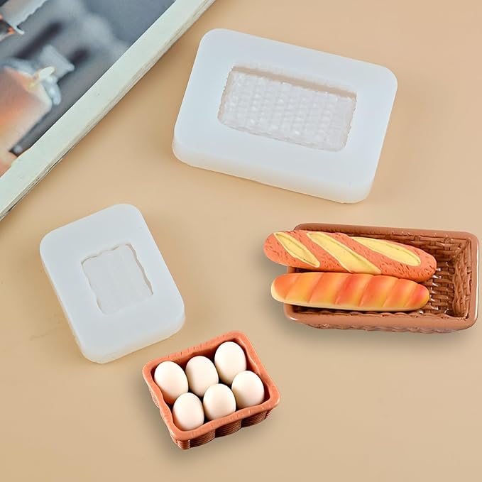 2Pcs Mini Rattan Tray Resin Silicone Molds 3D Simulation Basket Epoxy Casting Molds for DIY Micro Resin Dollhouse Fairy Garden Kitchen Miniatures Landscape Tiny Things Decor