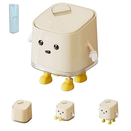 AIWE7D Desk Mini Cute Trash Can with Lid and Brush Small Desktop Trash Can for Bathroom, Bedroom, Kitchen, Car, Office flip top Waste Basket Hidden Bag Compact Small Garbage Bin(Standing)
