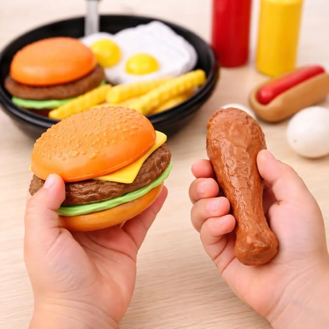 25 PCS Play Food Kids Toy Set with Frying Pan Skillet and Spatula - Kitchen Cooking Pretend Play Toy Grill Set for Toddlers Kids