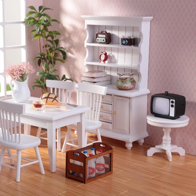 1/12 Dollhouse Cabinet Set, 11Pcs Dollhouse Miniature Wooden Bookshelf with Accessories (Alarm Clock, Fish Tank, Books, Coffee Cups) for Living Room,Dining Room,Study and Other Scenes