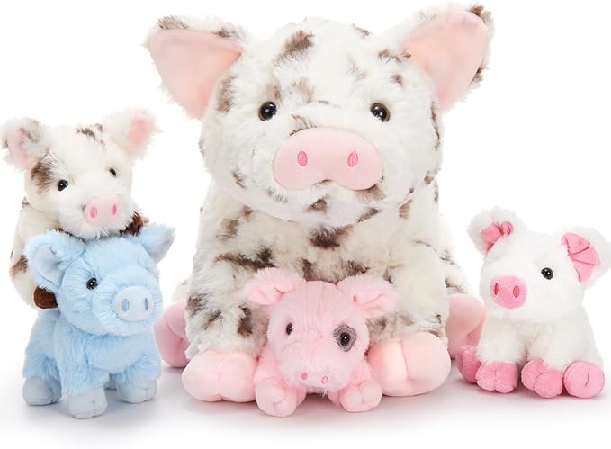5Pcs Spotted Pig Stuffed Animal, 16“ Mommy Pig Plush with 4 Soft Cuddly Baby Pig Plushies in Mother Pig's Belly, Farm Animal Chirstmas Birthday Gift for Girls Boys Kids, Baby Shower Decor