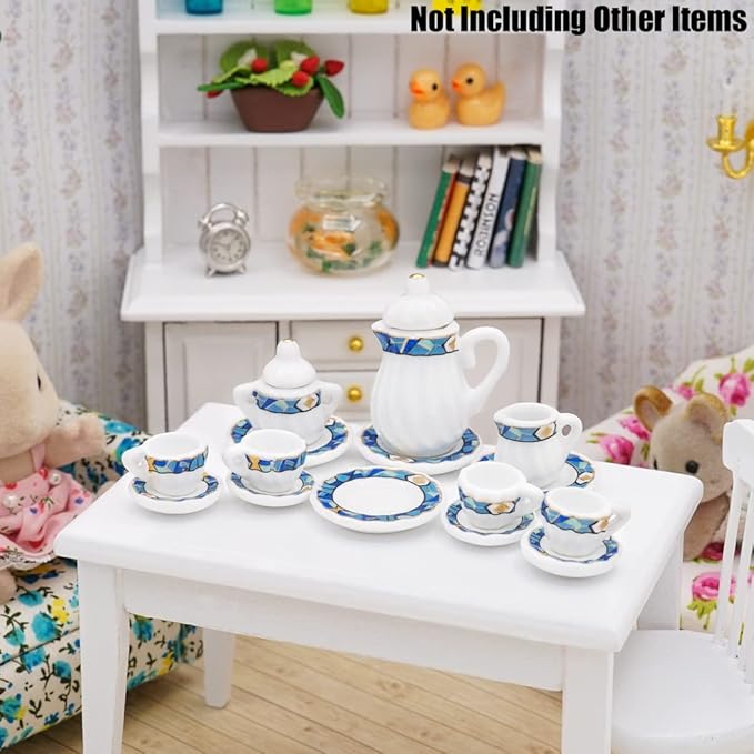 Odoria 1/12 Miniature Porcelain Tea Set 15Pcs Dollhouse Decoration Accessories, Mediterranean Blue