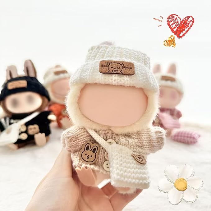 Clothes for LABUBU Doll (NO Doll), Handcrafted Crochet 3-Piece Accessories for LABUBU 17cm Dolls, Premium Outfit - Bunny Sweater + Hat + Bag, Cute Clothes for Dress up Unique Style (Beige)