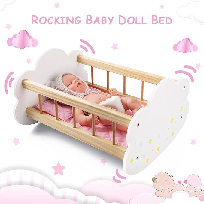 BABESIDE Wooden Baby Dolls Bed for 12-16 Inches Doll, Rocking Babys Doll Crib, Sleep Bed, Baby Dolls Accessories Furniture fit Newborn Dolls Boys Girls