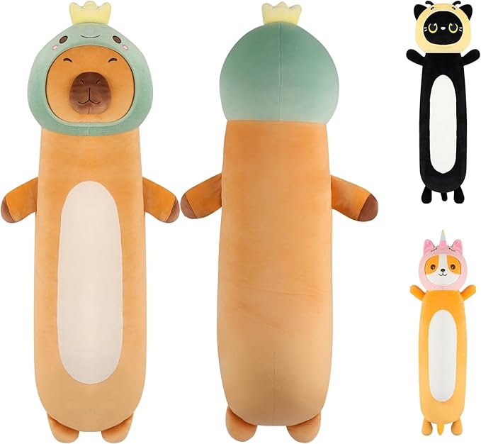 36 inch Extra Capybara Plush Long Pillow Toy Soft Stuffed Animal with Cute Dinosaur, Large Cuddle Sleeping Body Capybara Brown Big Plushies Gifts for Kids Boys Girls, Birthday, Halloween, Christmas