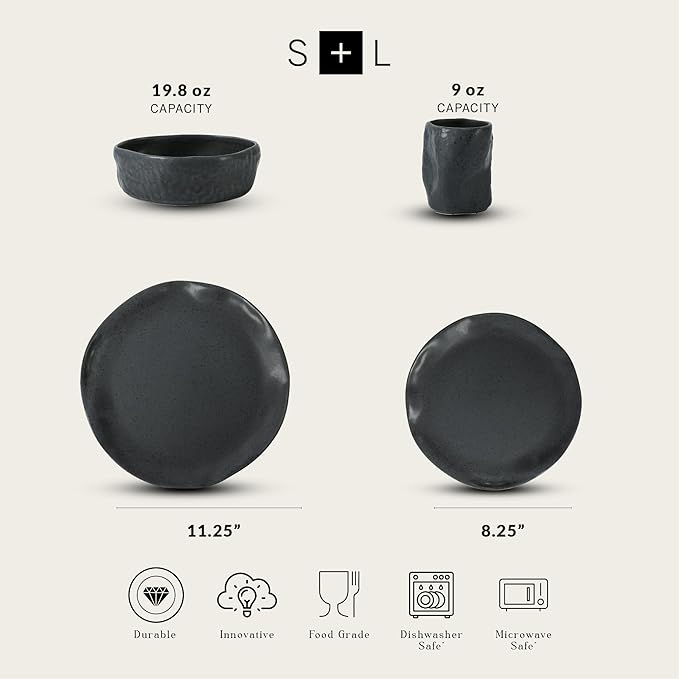 Stone by Mercer Project Atik Modern Stoneware 16-Piece Dinnerware Set, Plate and Bowl Set, Dish set for 4, Charcoal Black Speckled