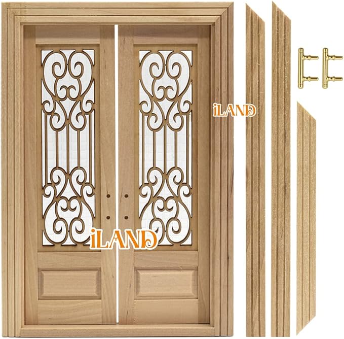 iLAND Dollhouse Door on 1:12 Scale, Dollhouse Accessories of Miniature Gate w/Carved Pattern & 3D Lattice Panes Reflecting Rainbow Light & Golden Handles