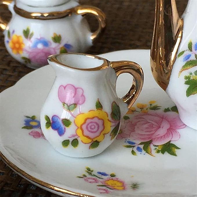 Dollhouse Decoration Kitchen Accessories, 8pcs Dining Ware Porcelain Tea Cup Set Pink Dish Cup Plate with Golden Trim 1/6 Dollhouse Miniature