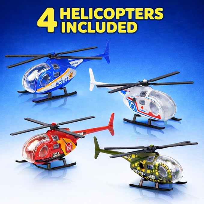 ArtCreativity Diecast Helicopter Toy - Pack of 4 - Police, Fire Engine, EMS, and Military Diecast Toy Choppers with Spinning Propellers, Birthday Party Favors for Boys and Girls