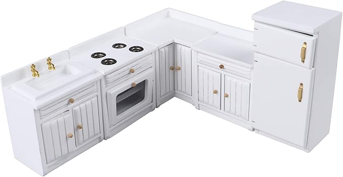 Dollhouse Kitchen Furniture Kit 1:12 Doll House Miniature Suite Wooden Kitchen Cabinet Fridge Set Dining Room for Miniature Dollhouse Furniture Scenes Accessories