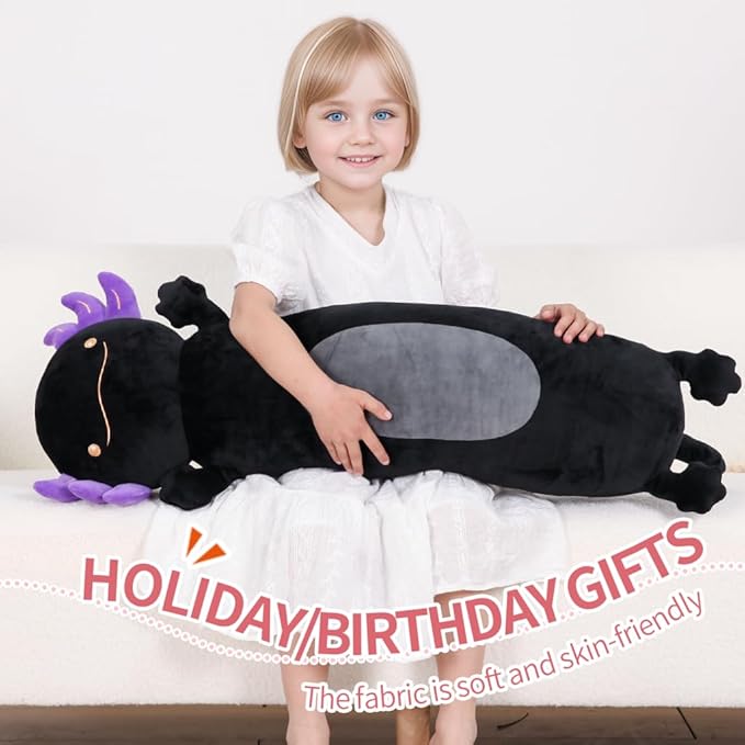 36" Giant Black Axolotl Stuffed Animal, Cute Soft Long Axolotl Plush Body Squishy Pillow Big Plushies Toy, Gift for Kids, Boys, Birthdays, Halloween, Christmas