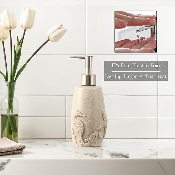 Haocoott Bathroom Accessories Set, 4 PCS Bathroom Accessory Sets with Soap Dispenser, Toothbrush Holder, Tumbler, Soap Dish, Bathroom Countertop Organizer, Sea Bathroom Decor (Beige)