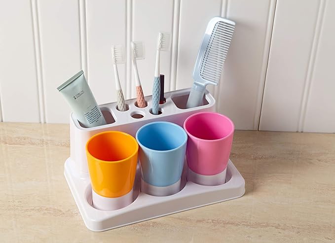 Aebeky Toothbrush Holder Kids Family Set for Bathroom Storage Organizer (Orange+Blue+Pink)