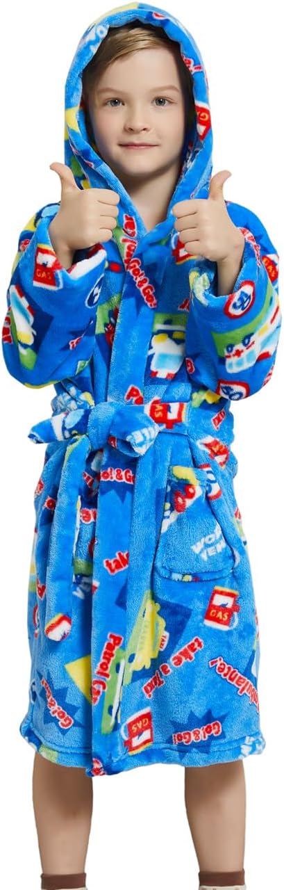 Boys Fleece Robe Hooded Toddler Soft Bathrobe Pajamas Sleepwear for Kids Girls 2-16 Years