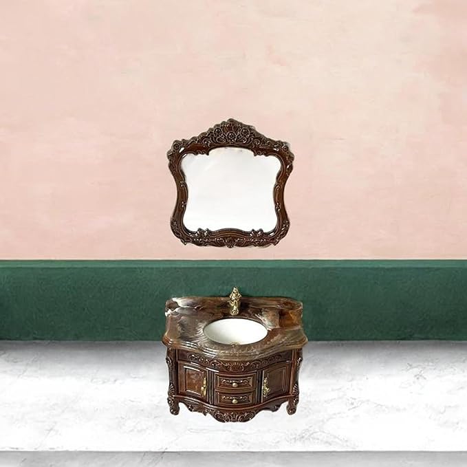 Luwecf 2 Pieces 1:12 Dollhouse Sink Cabinet Scene Model Ornament Bathroom Furniture Accessories Classic Mini Bathroom Washbasin Set, Brown