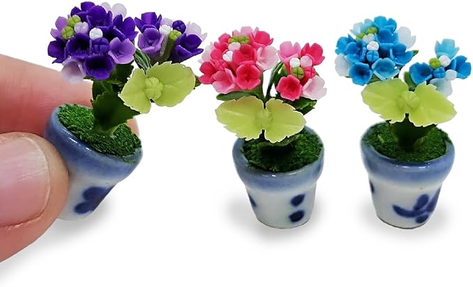 WitnyStore Tiny 1½" High 3 Pieces Set Purple Pink Blue Hydrangea Hand Made Artificial Flowers Realistic Colorful Miniature Modelling Clay Flower Pots Variety of House Plant Species Home Decoration