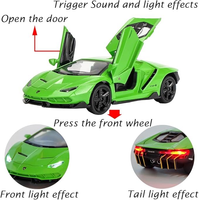 Alloy Collectible Green Lambo Toy Cars Model Pull Back Vehicles Diecast with Light & Sound