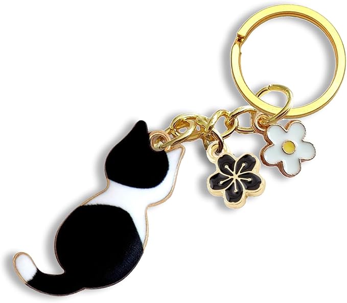 Agromusk Cute Cat Keychain, Enamel Flower Keyring Japanese Decor for Garden Cat Lovers, Kawaii Bag Charm With Sakura Flowers