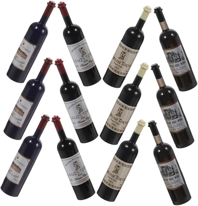 KONTONTY 12pcs Scale Miniature Red Wine Bottles for Doll House Accessories Realistic Plastic Simulation Lightweight Decorative with Mixed Color Caps for Miniature Furniture and Model