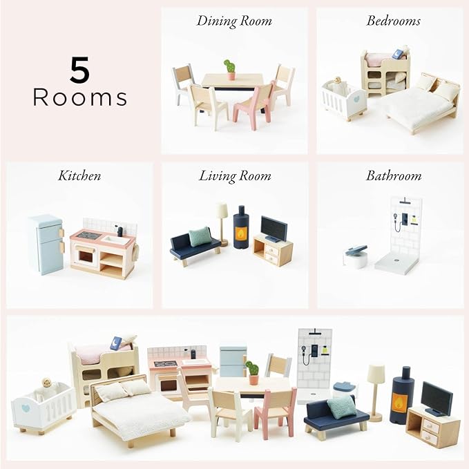 Le Toy Van - Wooden Dolls House Full Starter Furniture & Accessories Play Set for Dolls Houses | Girls or Boys Dolls House Furniture Sets - Suitable for Ages 3+