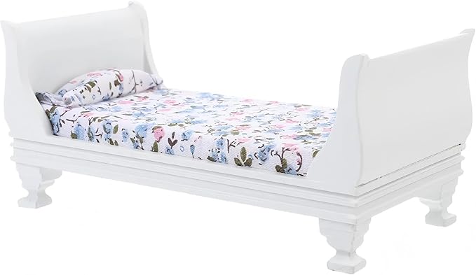 1/12 Dollhouse Bed Miniature Single Bed Vintage Woode Mini Bed for for 6 inch Dolls Dollhouse Bedroom Furniture with Bedding Fabric (White)