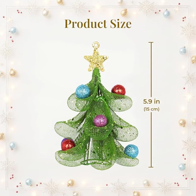 XMIAOX Mini Metal Christmas Tree, 5.9" Handcrafted Wire Mesh Tree Tabletop Hanging Ornament with Star Tree Topper & Colorful Glitter Balls, Sparkling Holiday Decoration for Desk, Shelf & Home Décor