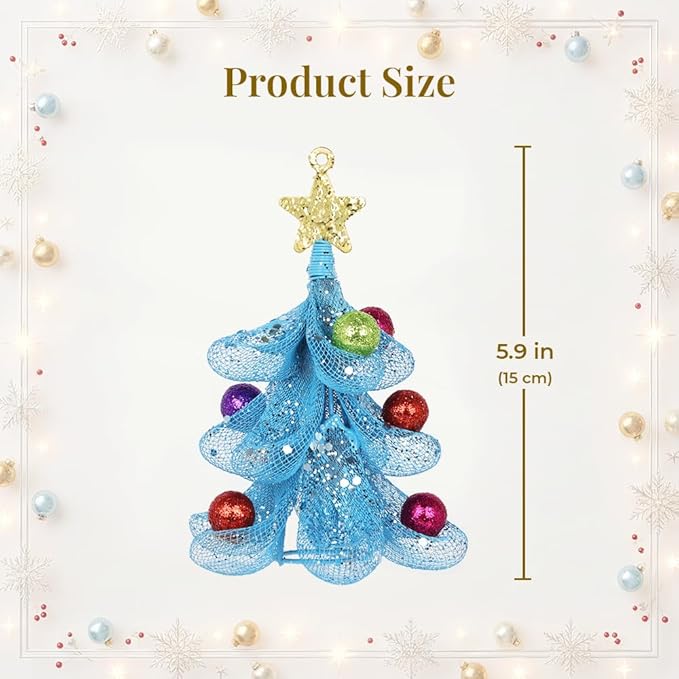 XMIAOX Mini Metal Christmas Tree, 5.9" Handcrafted Wire Mesh Tree Tabletop Hanging Ornament with Star Tree Topper & Colorful Glitter Balls, Sparkling Holiday Decoration for Desk, Shelf & Home Décor