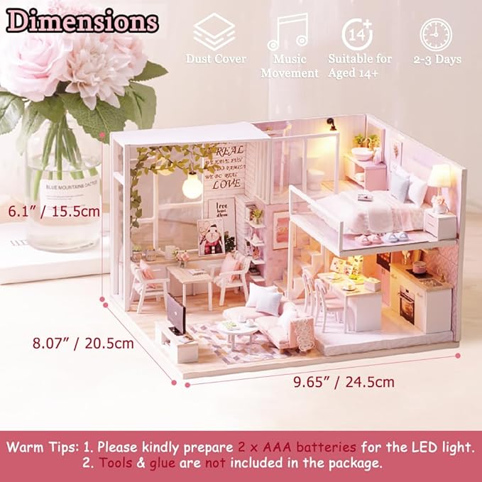 TuKIIE DIY Miniature Dollhouse Kit with Furniture, 1:24 Scale Creative Room Mini Wooden Christmas Doll House Accessories Plus Dust Proof & Music Movement for Kids Teens Adults(Tranquil Life)