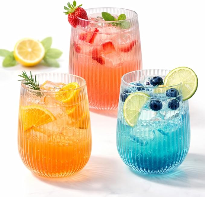 Oojami 30 piece 16 oz Stemless Unbreakable Crystal Clear Plastic Wine Glasses Set of 30-16 OunceClear Ribbed
