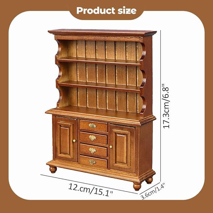 Dollhouse Furniture, Doll Display Cabinet with Drawers 1:12 Scale Miniature Dollhouse Vintage Wood Bookcase, Mini Dresser Living Bedroom Dolls & Accessories DIY Doll House Decorations for Girl and Boy