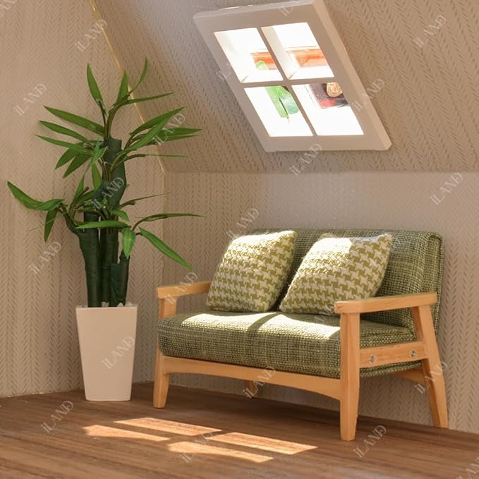iland Dollhouse Couch and Miniature Sofa Set with Mini Houndstooth Cushions, Dollhouse Furniture on 1/12 Scale for Dollhouse Living Room (Grey Green)