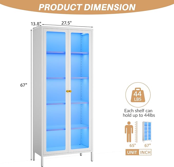 5-Tier Display Cabinet with 13-Color Light, 67" Tall Bookcase Bookshelf with Glass Doors & Adjustable Shelves, Metal Storage Cabinet Display Case for Collectibles Curios Trophies - White
