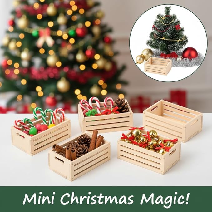 Veemoon 5pcs Small Crafts Wood Crates Basket, Miniature Dollhouse Christmas Furniture Decoration Accessories Paintable Mini Storage Box Rustic Display Wood Crates for Organizing Small Items (1.5×1")