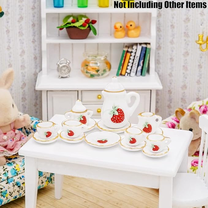Odoria 1/12 Miniature Porcelain Tea Set 15Pcs Dollhouse Decoration Accessories, Strawberry