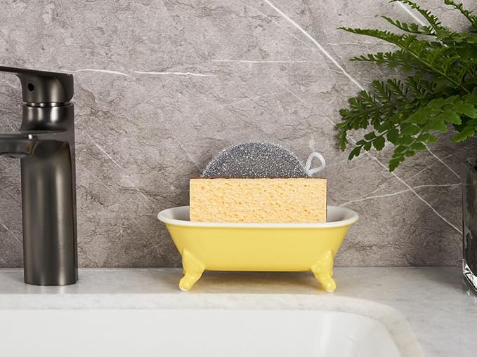 NEWHENGS 6.5" Ceramic Mini Decorative Clawfoot Bathtub Bar Soap Dish, Kitchen Sponge Holder and Shower Tray for Bathroom, 1 Pack(Yellow)