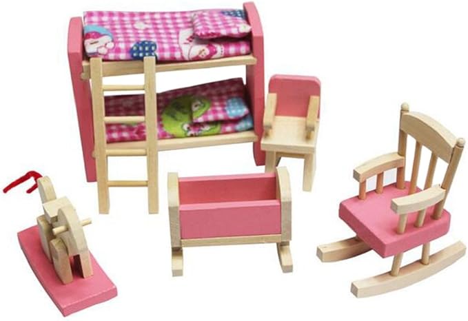 KunHe Wooden Dollhouse Furniture Set Including Kitchen Bathroom Bedroom Kid Room for Dollhouse Pink Color