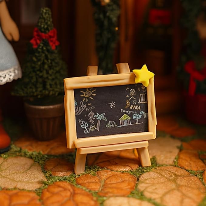 Miniature Chalkboard Set for Dollhouse – Decorative Blackboard with Star & Apple Design, DIY Writable, Holiday & Café Theme