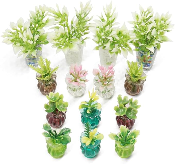 Odoria 1/12 Miniature Potted Plants 4Pcs and Flower in Vase 10Pcs Dollhouse Decoration Accessories