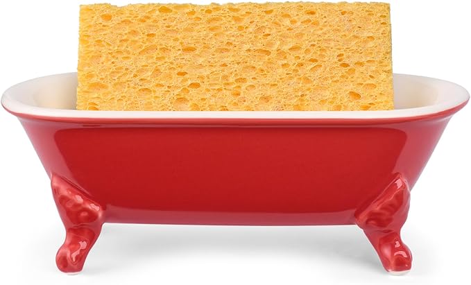 NEWHENGS 6.5" Ceramic Mini Decorative Clawfoot Bathtub Bar Soap Dish, Kitchen Sponge Holder and Shower Tray for Bathroom, 1 Pack(Chili)