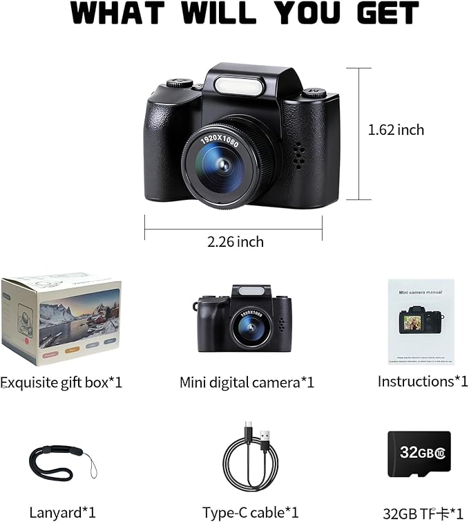 Mini Keychain Camera, FHD 1080p 48MP Mini Digital Camera with 32GB SD Card, 1.3" HD Display, 100 Mins Battery Life Small for Travel Study Recording-Black