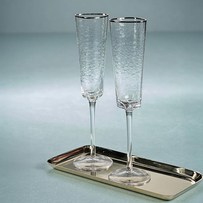Zodax Aperitivo Triangular Stemware or Glassware - Clear with Platinum Rim - Sets of 4 (Champagne)