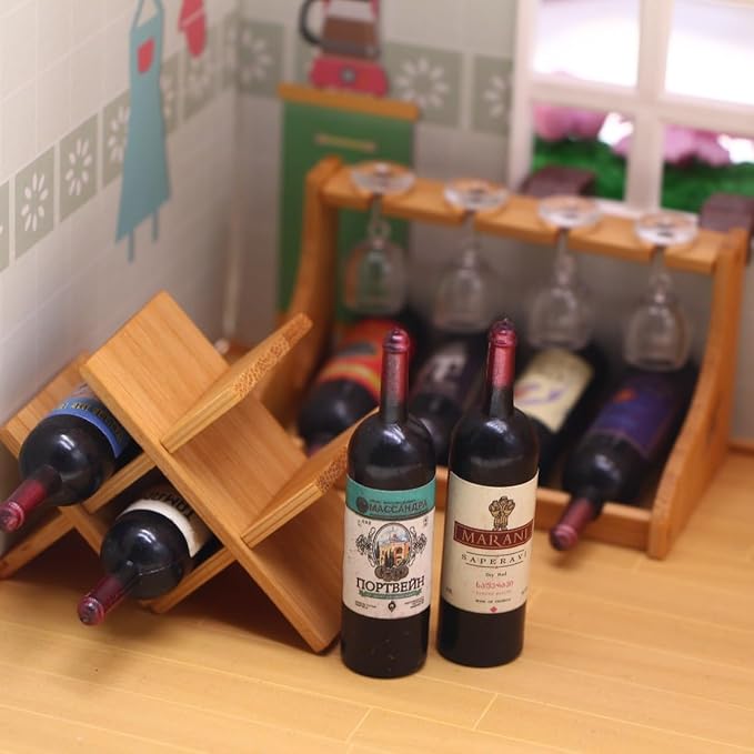 Dollhouse Accessories Wine Bottle Set,1 12 Scale Object Including 4 Bottles of Wine with 4 Glasses and a Holder for Mini House Decoration(Modern Style)