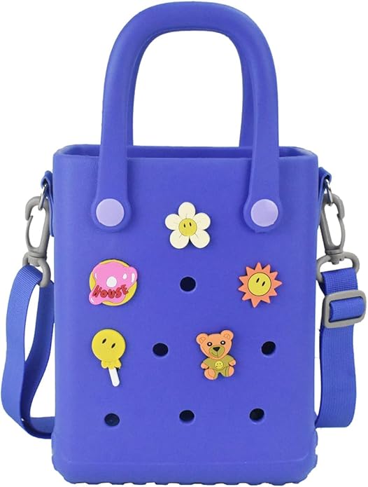 Mini Rubber Beach Bag with Strap & Charms, Waterproof EVA Beach Bag for Girls, Small Rubber Tote Bag for Women