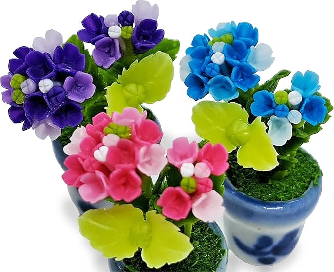 WitnyStore Tiny 1½" High 3 Pieces Set Purple Pink Blue Hydrangea Hand Made Artificial Flowers Realistic Colorful Miniature Modelling Clay Flower Pots Variety of House Plant Species Home Decoration