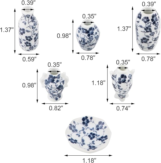 Dollhouse Vase 7 Pcs Set Miniature 1/12 Scale Blue Flower White Porcelain Vases Set, Dollhouse Decoration Accessories