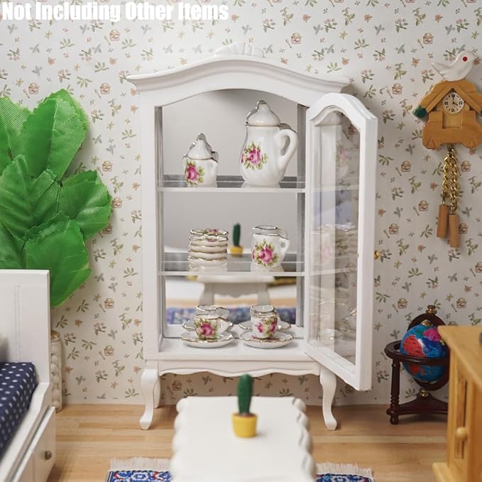 Odoria Dollhouse Curio Cabinet Miniature: 1/12 Scale Display Bookcase for Victorian Living Room - Mini Vintage Storage Shelf with Mirror - Tiny Wood White Furniture Antique